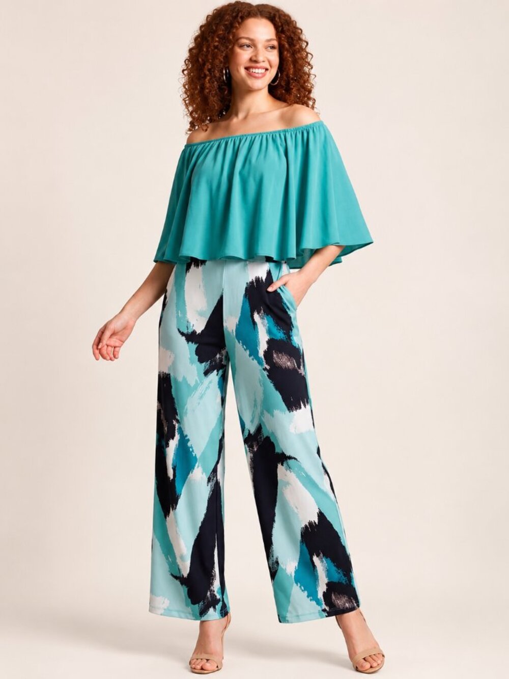 2PC Set Abstract Wide Leg Pants & Capelet Top Blue Teal from Marallis